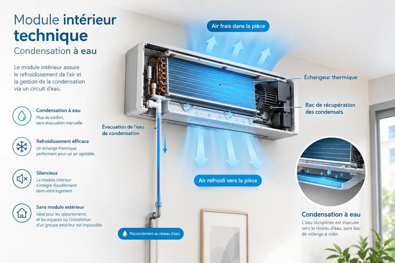 Schéma du module intérieur : l'air de la pièce passe sur un échangeur thermique, l'eau de condensation est recueillie dans un bac puis évacuée vers le réseau d'eau, et l'air refroidi est renvoyé dans la pièce. Aucun module extérieur.